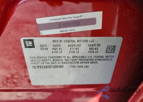 2014 Chevrolet Cruze Lt z USA, uszkodzony, nr VIN 1G1PE5SB9E7335499